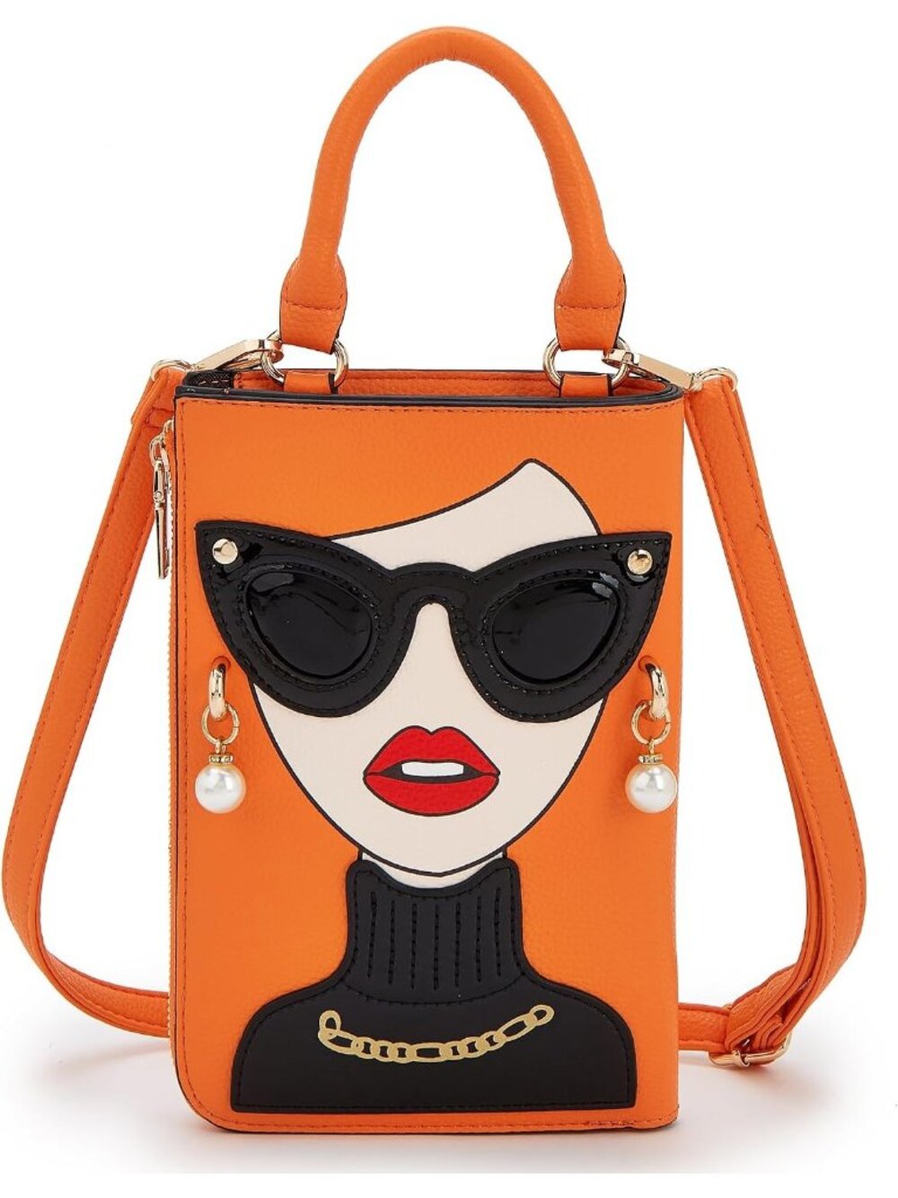 Women OrangeWhite Novelty Lady Face PU Leather ShoulderBag Handle Satchel Clutch
